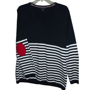 Tommy Hilfiger 2X Colorblock Patch Elbow Sweater navy blue white striped v-neck